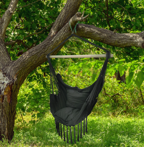 Hanging Rope Swing Hammock Chair with Side Pocket and Wooden Spreader Bar - Gray