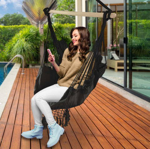 Hanging Rope Swing Hammock Chair with Side Pocket and Wooden Spreader Bar - Gray