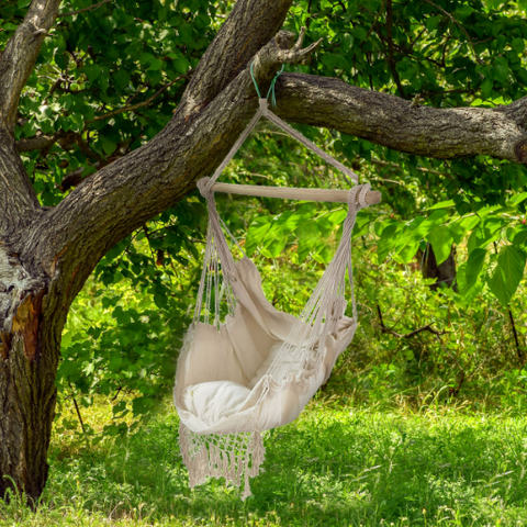 Hanging Rope Swing Hammock Chair with Side Pocket and Wooden Spreader Bar - Ivory