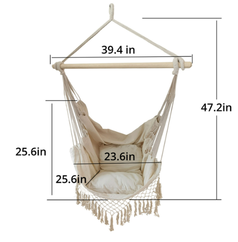 Hanging Rope Swing Hammock Chair with Side Pocket and Wooden Spreader Bar - Ivory