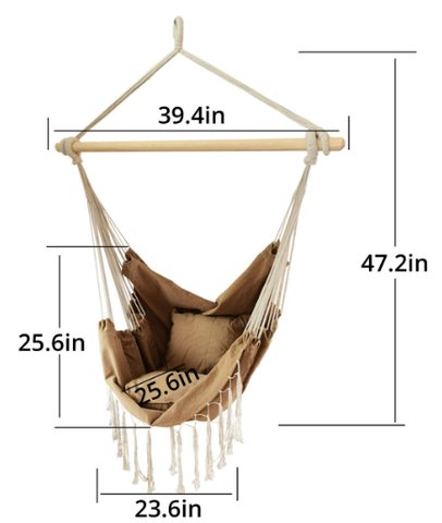 Hanging Rope Swing Hammock Chair with Side Pocket and Wooden Spreader Bar - Khaki