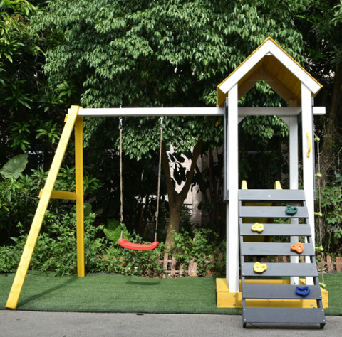 Outdoor Wooden Swing Playset with Swing, Slide, Steering Wheel, and Rock Climbing Ladder