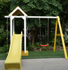 Image of Outdoor Wooden Swing Playset with Swing, Slide, Steering Wheel, and Rock Climbing Ladder