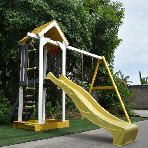 Outdoor Wooden Swing Playset with Swing, Slide, Steering Wheel, and Rock Climbing Ladder