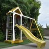 Image of Outdoor Wooden Swing Playset with Swing, Slide, Steering Wheel, and Rock Climbing Ladder